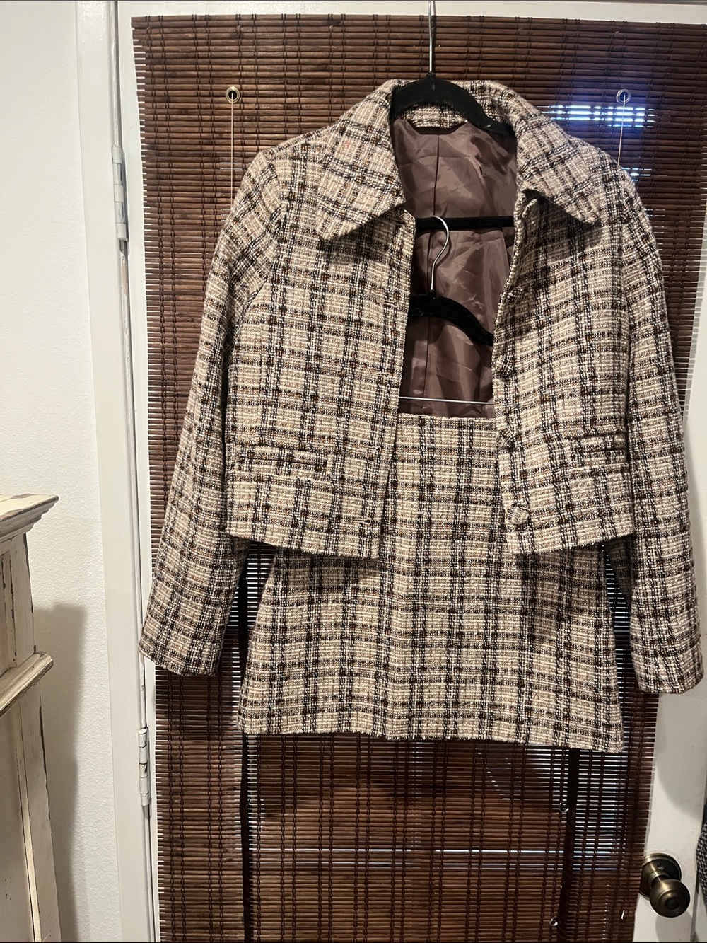 Plaid Cropped Tweed Blazer in Beige and Brown